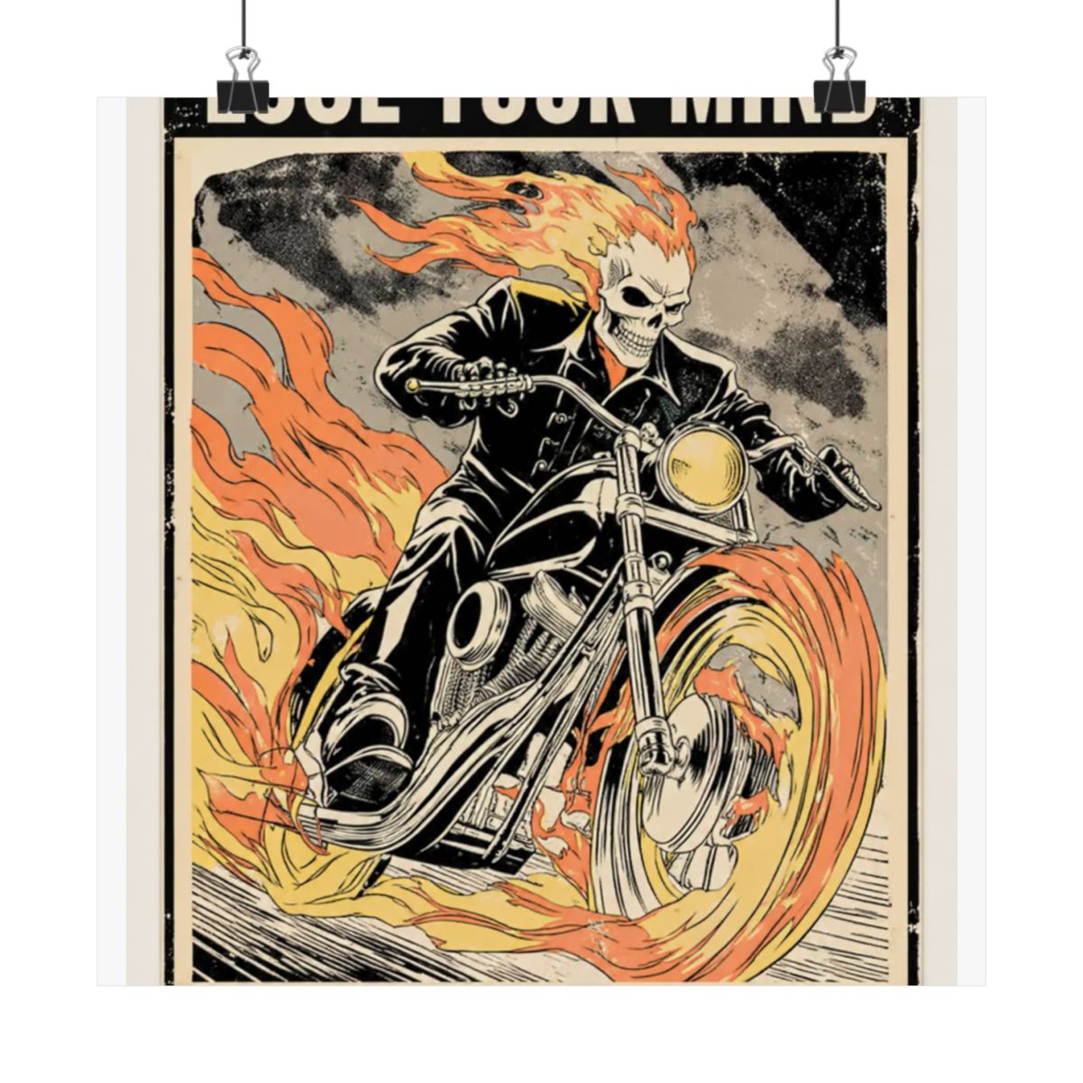 Framed Harley-Davidson poster depicting a flaming skull rider on a motorcycle. The poster includes the text "LOSE YOUR MINDFIND YOUR SOUL" at the bottom, with a vintage, distressed...