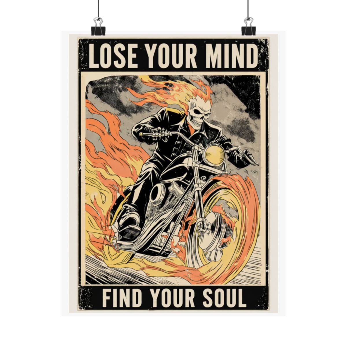 Framed Harley-Davidson poster depicting a flaming skull rider on a motorcycle. The poster includes the text "LOSE YOUR MINDFIND YOUR SOUL" at the bottom, with a vintage, distressed... - alternate angle 5, merchandise