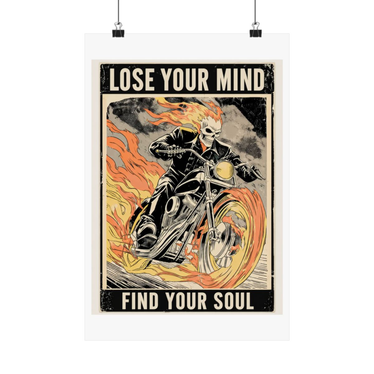 Framed Harley-Davidson poster depicting a flaming skull rider on a motorcycle. The poster includes the text "LOSE YOUR MINDFIND YOUR SOUL" at the bottom, with a vintage, distressed... - alternate angle 1, merchandise