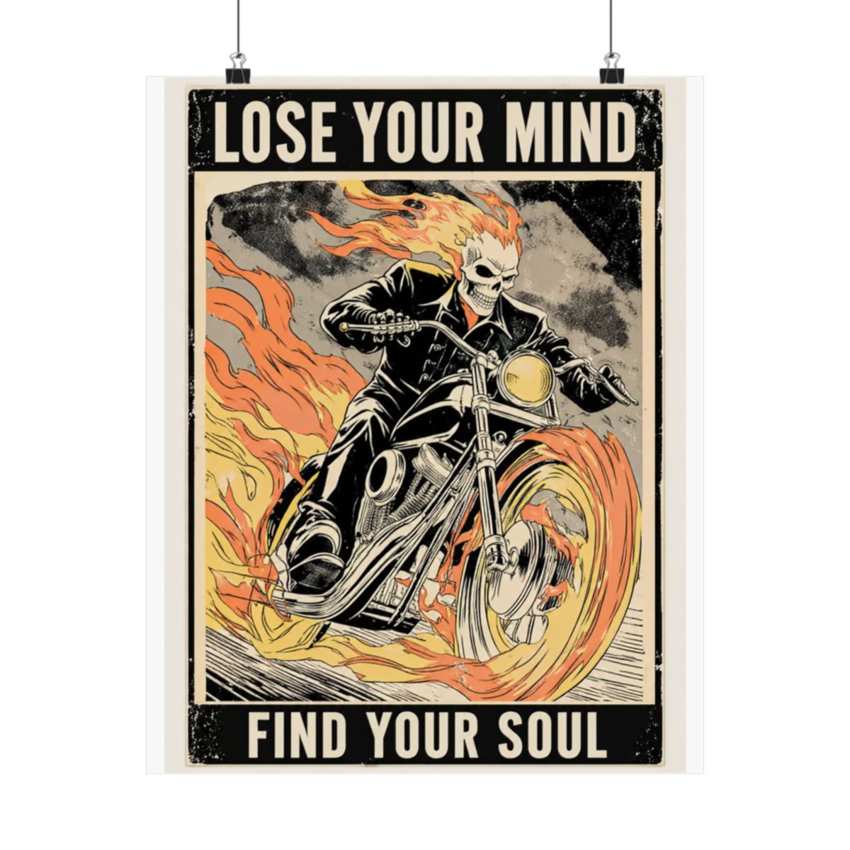 Framed Harley-Davidson poster depicting a flaming skull rider on a motorcycle. The poster includes the text "LOSE YOUR MINDFIND YOUR SOUL" at the bottom, with a vintage, distressed... - alternate angle 3, merchandise
