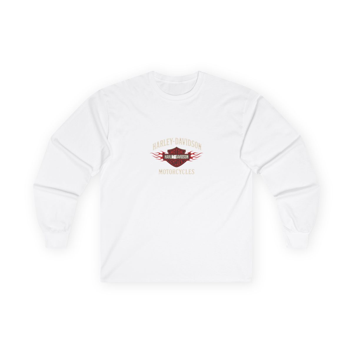 A black Harley-Davidson hooded Hoodies with a red and white logo on the back. The logo features the words "Harley-Davidson Cycles Motorcycles" with a flame design. The Hoodies has a hood and long... - alternate angle 2, merchandise