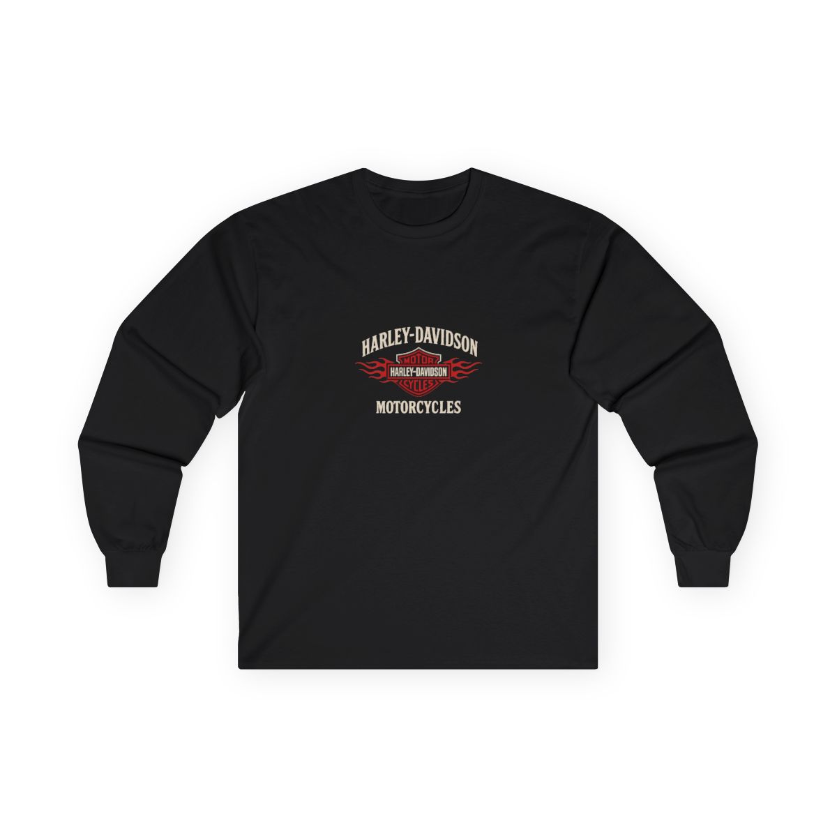 A black Harley-Davidson hooded Hoodies with a red and white logo on the back. The logo features the words "Harley-Davidson Cycles Motorcycles" with a flame design. The Hoodies has a hood and long...